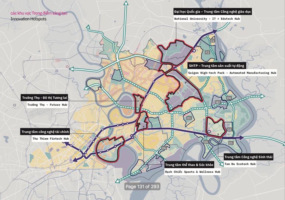 Sáu khu chức năng chính của Khu đô thị sáng tạo phía Đông Thành phố Hồ Chí Minh.
