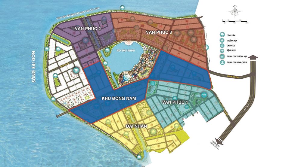 Mặt bằng tổng thể khu đô thị Vạn Phúc City bao gồm 5 phân khu đuợc chia theo Ngũ Phúc