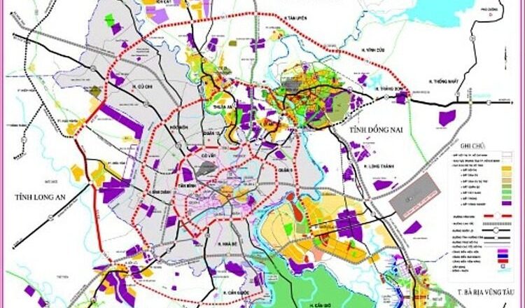Sơ đồ quy hoạch các tuyến vành đai của Thành phố Hồ Chí Minh (đường viền đỏ ngoài cùng là đường vành đai 4, tiếp đó là Vành đai 3).