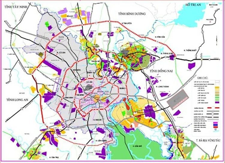 Sơ đồ quy hoạch các tuyến vành đai của Thành phố Hồ Chí Minh (đường viền đỏ ngoài cùng là đường vành đai 4, tiếp đó là Vành đai 3). 