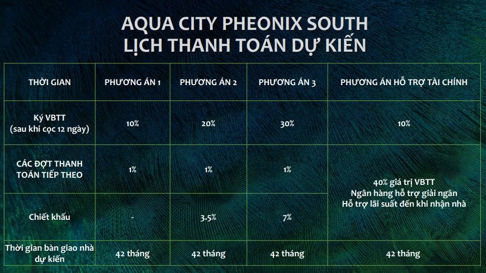 Lịch thanh toán dự kiến cho tiểu phân khu Phoenix South tại khu đô thị sinh thái Aqua City.