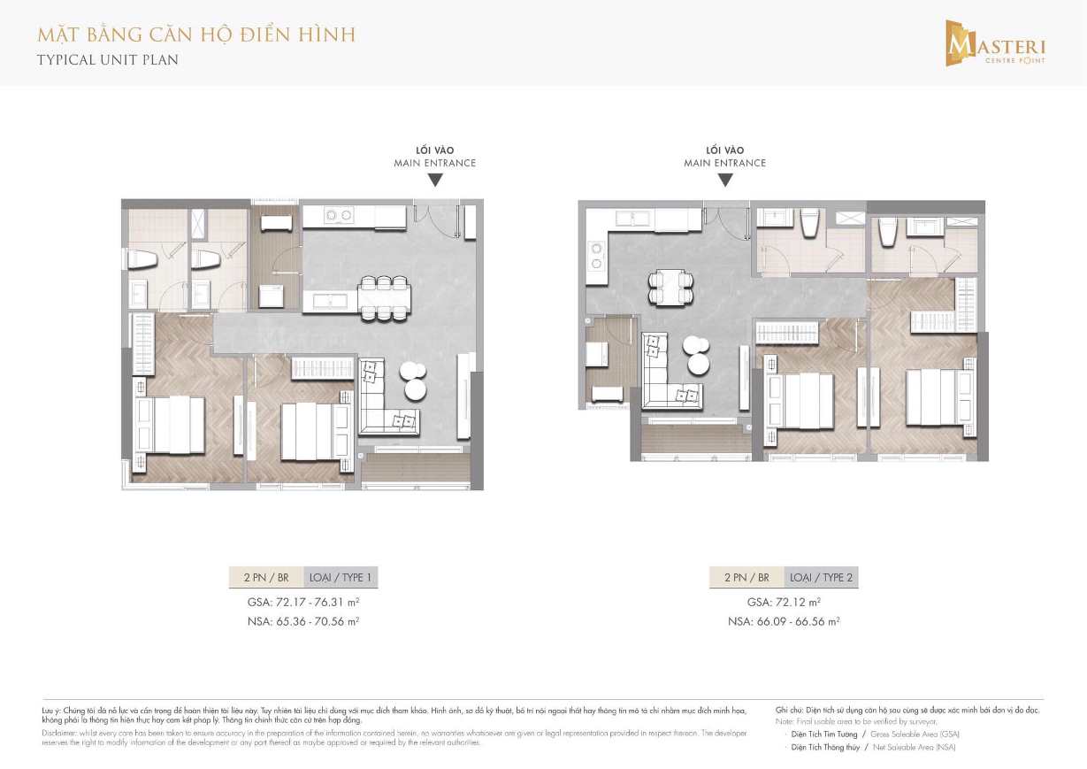 Mặt bằng căn hộ điển hình 2 phòng ngủ loại 1 và 2 dự án Masteri Centre Point.