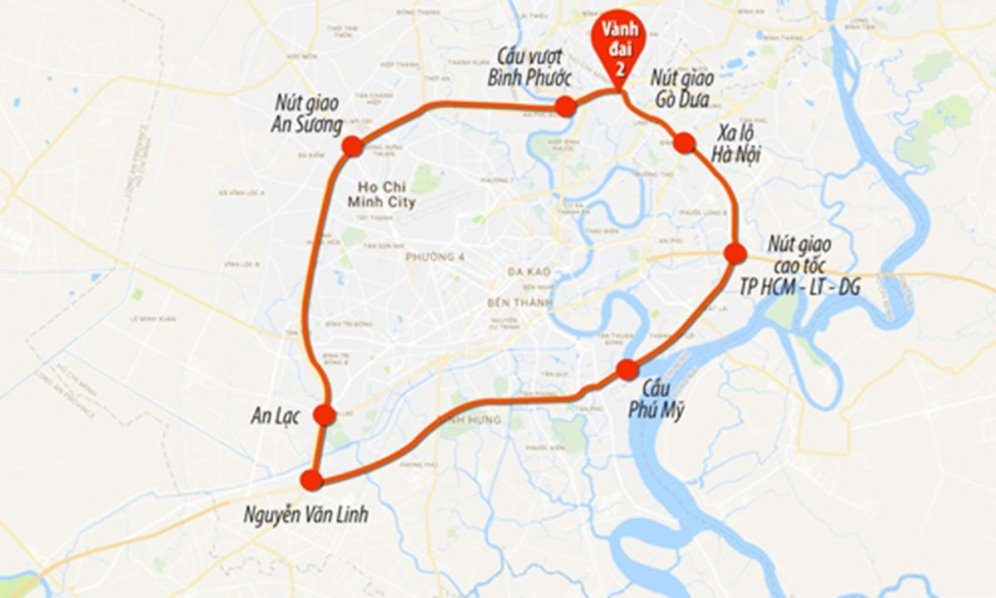 Lộ trình toàn tuyến Vành đai 2 sau khi khép kín sẽ tạo thành đường vòng quanh Thành phố Hồ Chí Minh.
