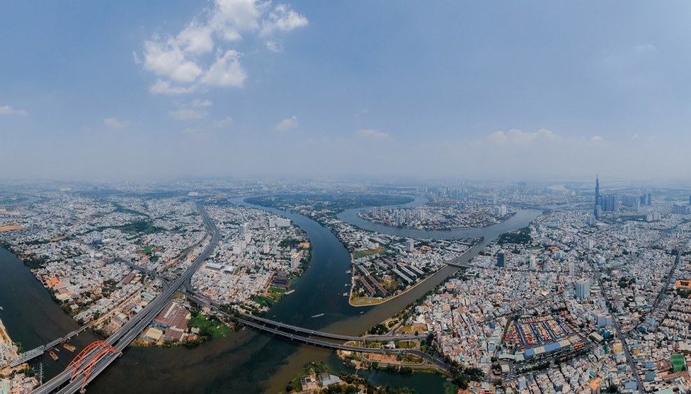 Toàn cảnh bán đảo Thanh Đa và chung cư Thanh Đa ở Bình Thạnh nhìn từ trên cao.
