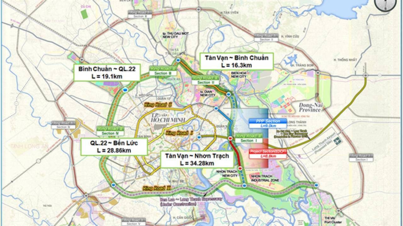 Bản đồ đồ tuyến Vành đai 3 TP HCM, dự kiến gói thầu đầu tiên Tân Vạn - Nhơn Trạch khởi công vào quý III/2021.