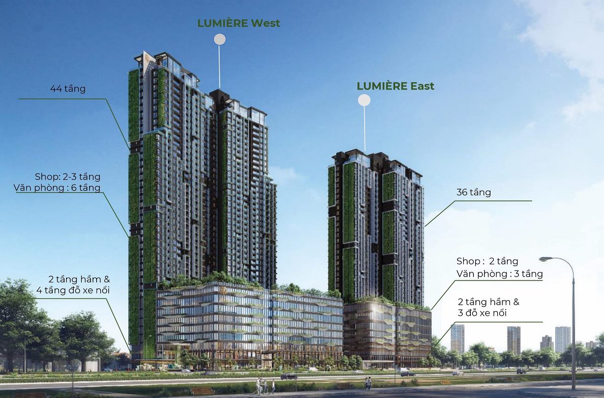Dự án Lumiere riverside bao gồm 2 tòa Lumiere East cao 36 tầng và tòa Lumiere West cao 44 tầng.