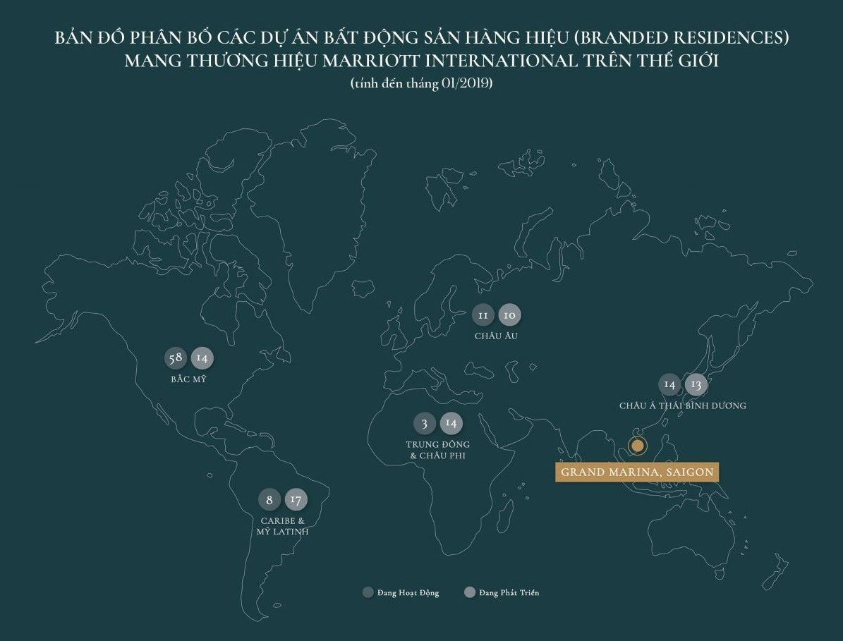 Biểu đồ các đự án bất động sản hàng hiệu Branded Residences mang thương hiệu Marriott International trên thế giới tính đến 01/2019.