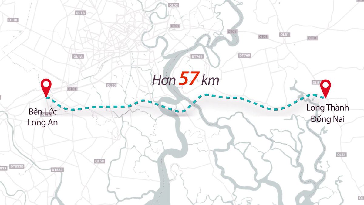 Tuyến cao tốc Bến Lức - Long Thành chiều dài hơn 57km kết nối miền Tây với sân bay quốc tế Long Thành.