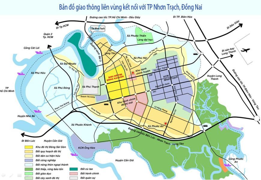 Bản đồ quy hoạch hạ tầng giao thông kết nối vùng giữa Thành phố Hồ Chí Minh với Nhơn Trạch, Đồng Nai.