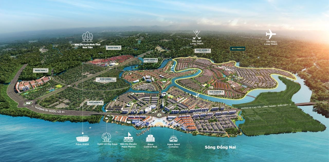 Hình phối cảnh tổng thể dự án Aqua City của Novaland, vị trí các phân khu, các tiện ích nổi bật.