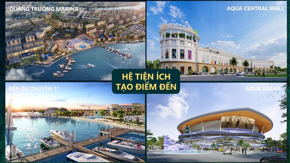 Những tiện ích tạo điểm đến tại Aqua City nổi bật như quảng trường Aqua Marina, bến du thuyền, Aqua Central Mall và Aqua Arena.