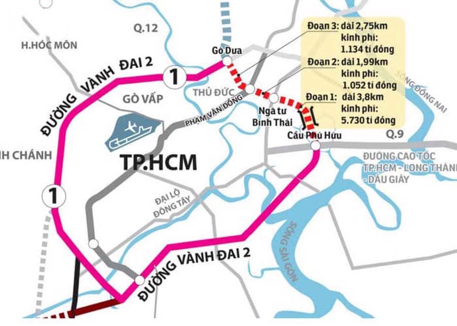 Bản đồ quy hoạch đường vành đai 2 đoạn còn lại từ cầu Phú Hữu tới nút giao Gò Dưa chiều dài hơn 6km đang lên phương án bồi thường tái định cư.