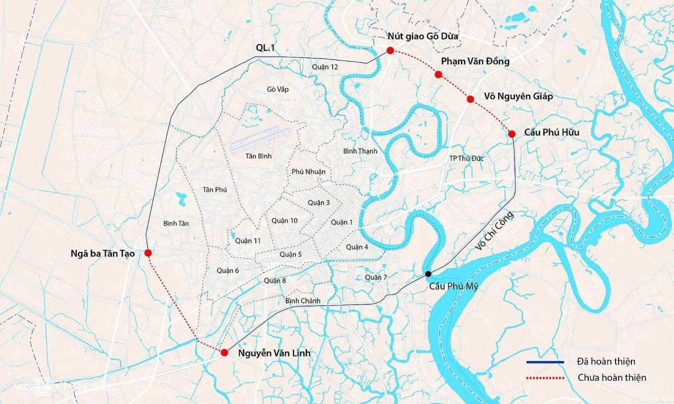 Hướng tuyến các đoạn còn lại chưa khép kín thuộc Vành đai 2 Thành phố Hồ Chí Minh