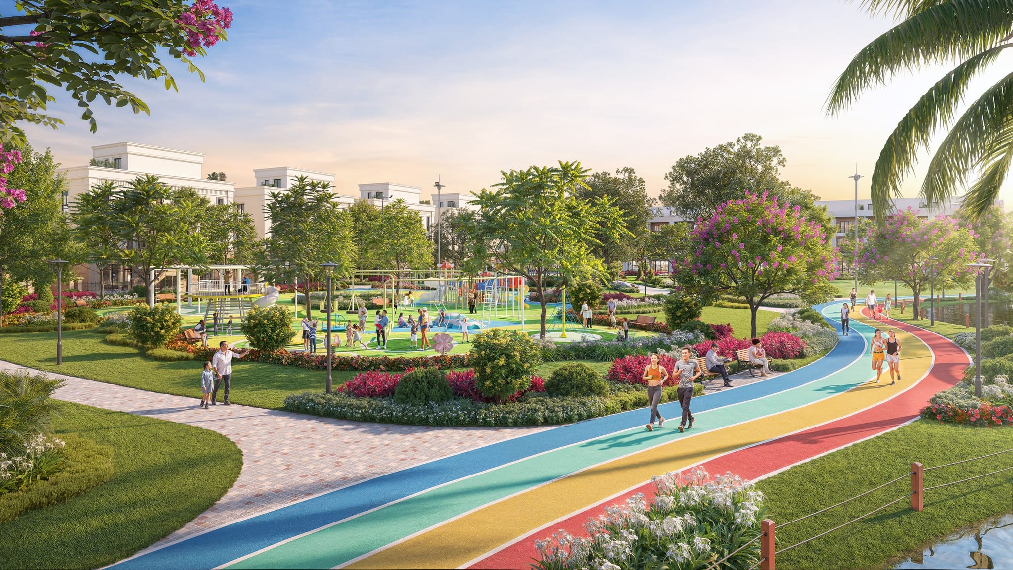 Phối cảnh công viên thể thao, đường chạy bộ ở phân khu The Sunrise dự án Vinhomes Green City.