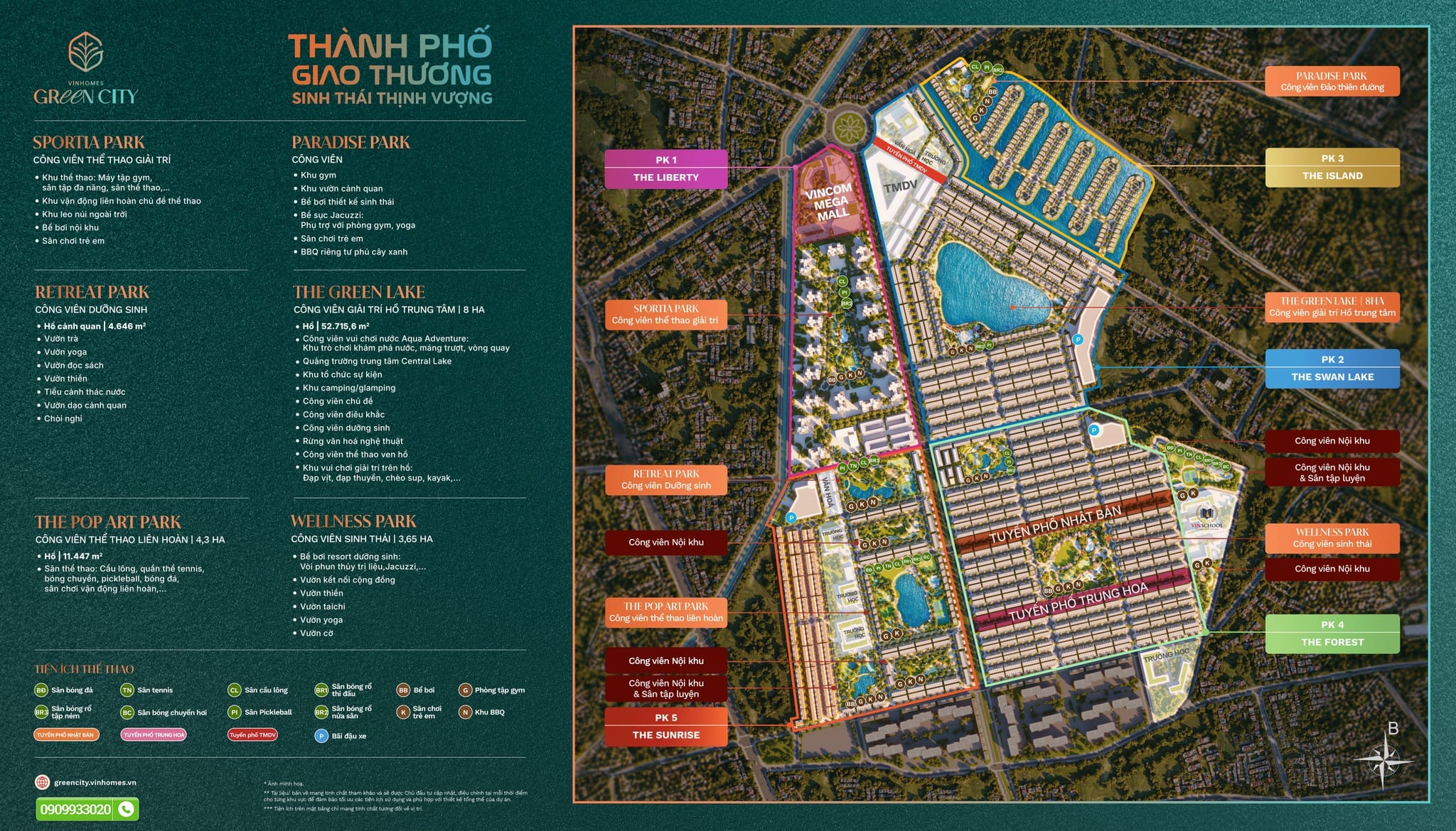 Tổng mặt bằng 2D thể hiện 5 phân khu, cùng các tiện ích của dự án Vinhomes Green City