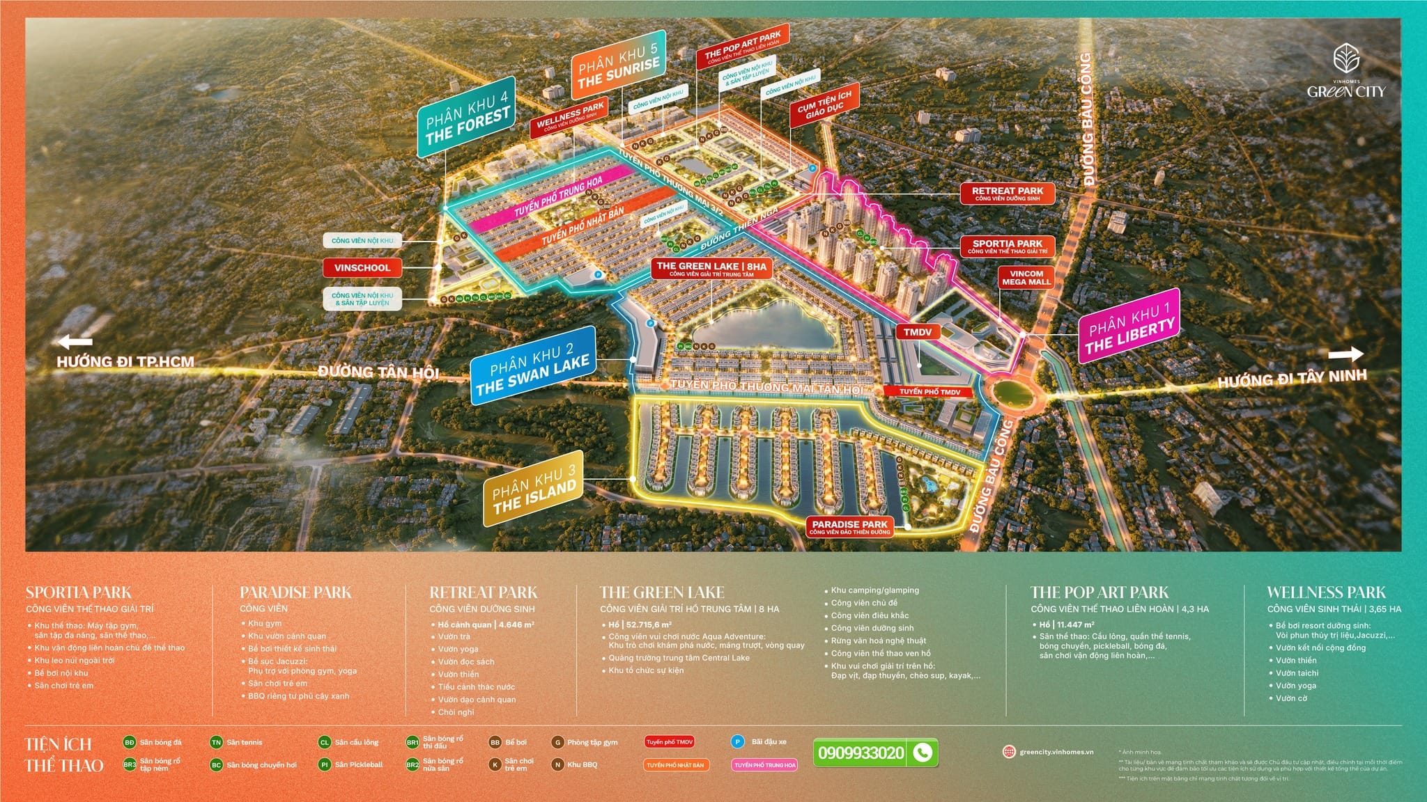 Tổng mặt bằng 3D thể hiện 5 phân khu, cùng các tiện ích của dự án Vinhomes Green City