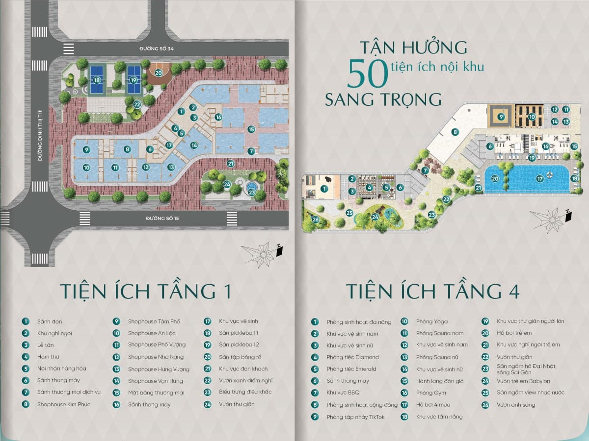 Mặt bằng tiện ích ở tầng 1 và 4 căn hộ Diamond Sky tại khu đô thị Vạn Phúc City